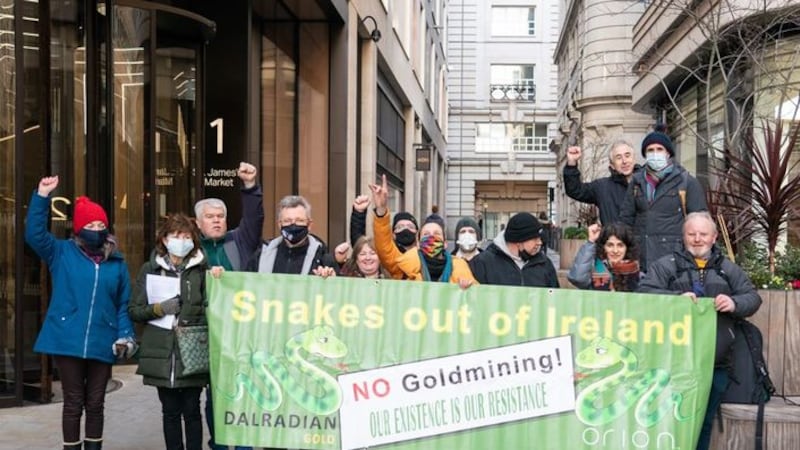 &nbsp;Demonstrators protest outside the Crown Estate Commission, in central London, against gold mining in the Sperrin mountains in County Tyrone, in Northern Ireland.