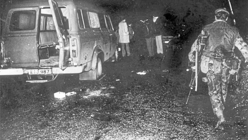 The bullet-riddled minibus at the scene of the massacre of 10 protestant workman shot dead by the provisional IRA massacre at Kingsmill, County Armagh in 1976. Picture by Alan Lewis, Photopress 