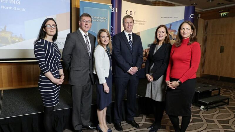 CBI NI director, Angela McGowan (second from right) at an economic briefing in Belfast on Tuesday, with (L-R): Alan Bridle, Bank of Ireland; Loretta O&rsquo;Sullivan, Bank of Ireland; Dale Guest, Bank of Ireland; and Anna Leach, CBI 