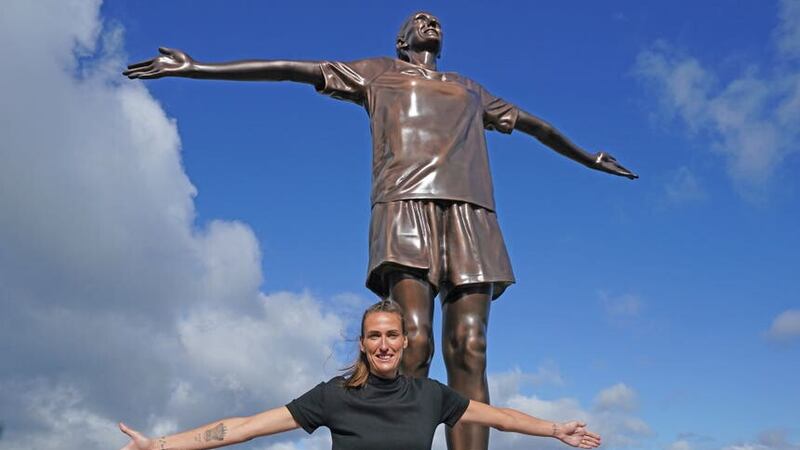 Former Lioness Jill Scott is unveiled as a new captain for Sky’s hit show A League Of Their Own, at the Angel of the North statue in Gateshead (Owen Humphreys/PA)