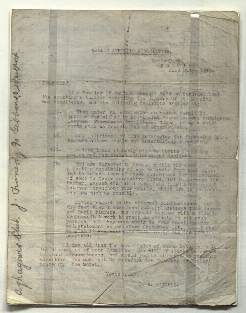 The letter sent out by GAA Secretary-General Luke O&#39;Toole setting out plans for &#39;Gaelic Sunday&#39; in 1918. 