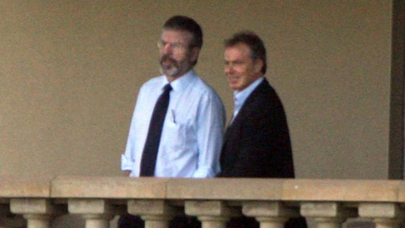 &nbsp;Sinn F&eacute;in leader Gerry Adams pictured with British prime minister Tony Blair on the second day of the talks which would lead to the St Andrews Agreement in 2006