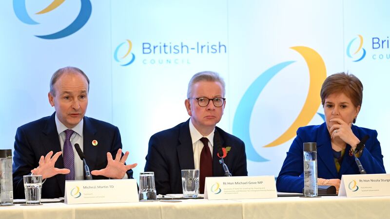 Taoiseach Micheál Martin, UK's intergovernmental relations minister Michael Gove and Scottish First Minister Nicola Sturgeon during a press conference at the 38th British-Irish Council Summit, comprising of representatives from the Irish Government, UK Government, devolved administrations and crown dependencies, at the Winter Gardens Conference Centre in Blackpool, Lancashire. Picture by Dave Nelson/PA Wire