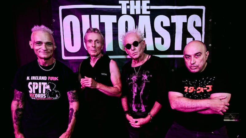 A group shot of the current line-up of original Belfast punks The Outcasts showing guitarists Buck Defect and Martin Cowan, bassist/singer Greg Cowan and drummer JP