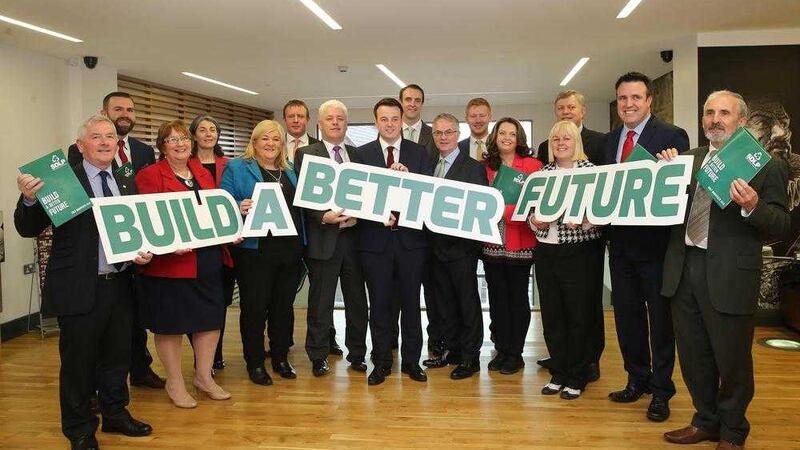 SDLP leader Colum Eastwood with the party&#39;s assembly candidates at yesterday&#39;s manifesto launch in Dungannon. Picture by Hugh Russell 