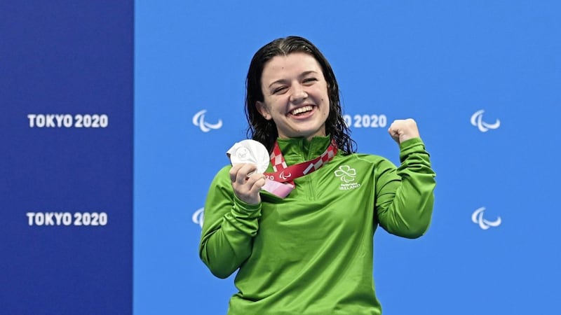 Ireland's Nicole Turner celebrates winning a silver medal in the Women's S6 50M Butterfly Final at the 2020 Tokyo Paralympic Games in Tokyo<br/>&nbsp;<br />Picture: INPHO/Delly Carr