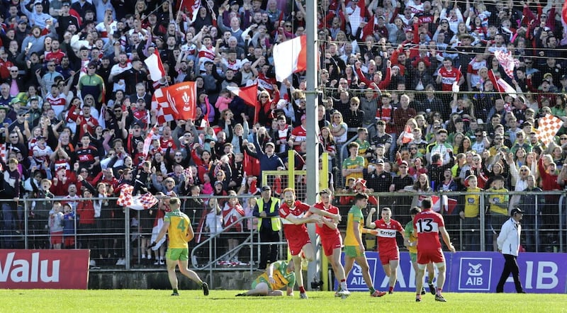 Derry&#39;s Conor Glass sends Oak Leaf supporters wild as he scores a very late point in extra time against Donegal during last year&#39;s Ulster SFChampionship Final at Clones. Picture Margaret McLaughlin 
