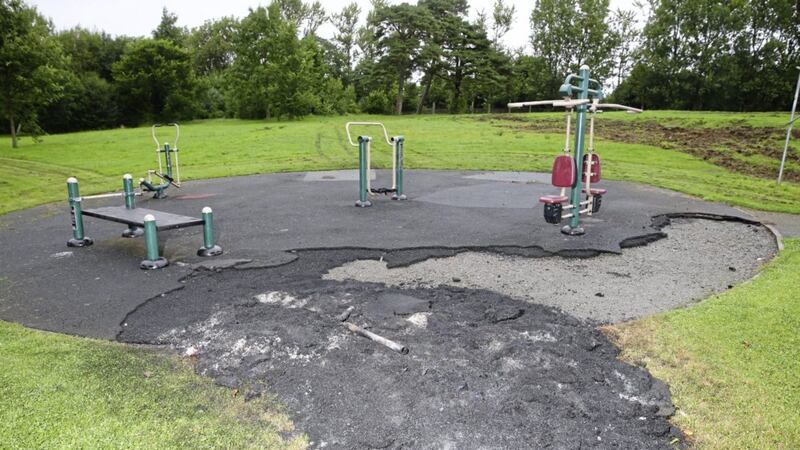 Damage caused to the outdoor gym in the Falls Park in west Belfast. Picture by Mal McCann 
