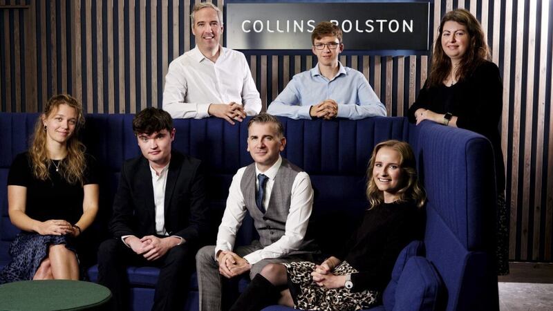 Some of the Collins Rolston team with Mark Collins (second right, front row). Back (from left) James McConnell; Brendan McCambridge (new start) and Jennifer Whittaker. Front (from left) Marta Piotrowska (new start), Ronan Larkin (new start), Mark Collins and Olivia Loughlin (new start) 