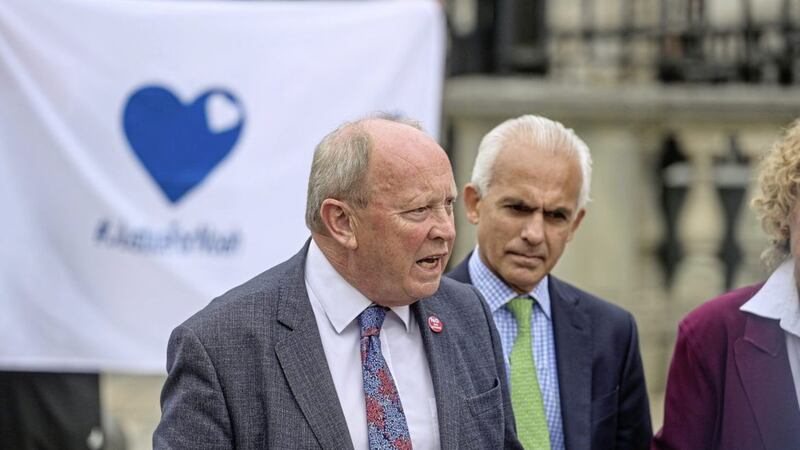 TUV leader Jim Allister and former Brexit Party MEP Ben Habib, who are among those taking the case, pictured after an earlier hearing 