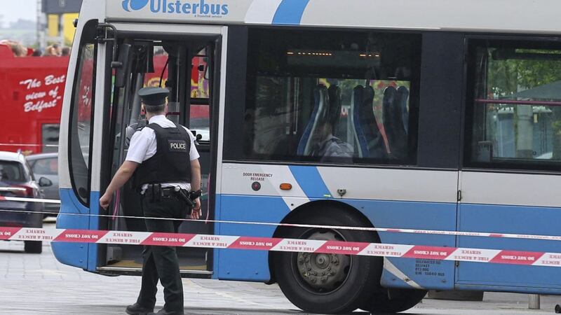 The scene at Custom House Square in Belfast after a man became trapped under a bus. Picture by Justin Kernoghan 