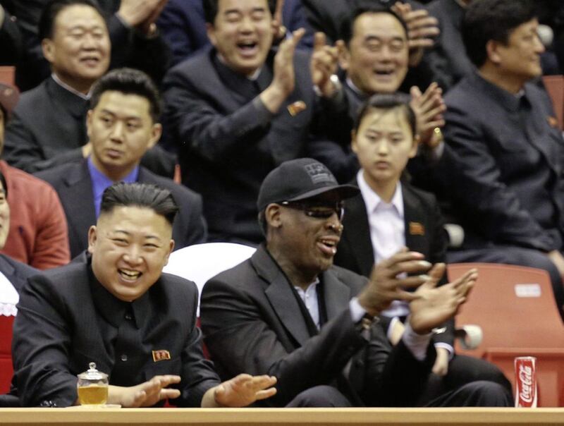 North Korean leader Kim Jong-un and former NBA star Dennis Rodman watch North Korean and US players in an exhibition basketball game at an arena in Pyongyang, North Korea in February 2013. Picture by VICE Media Jason Mojica, AP 