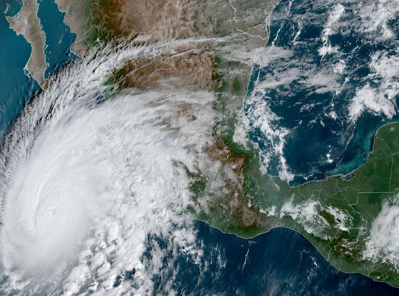 A satellite image showing Hurricane Norma approaching the southern tip of the Baja California peninsula on Mexico’s Pacific coast 