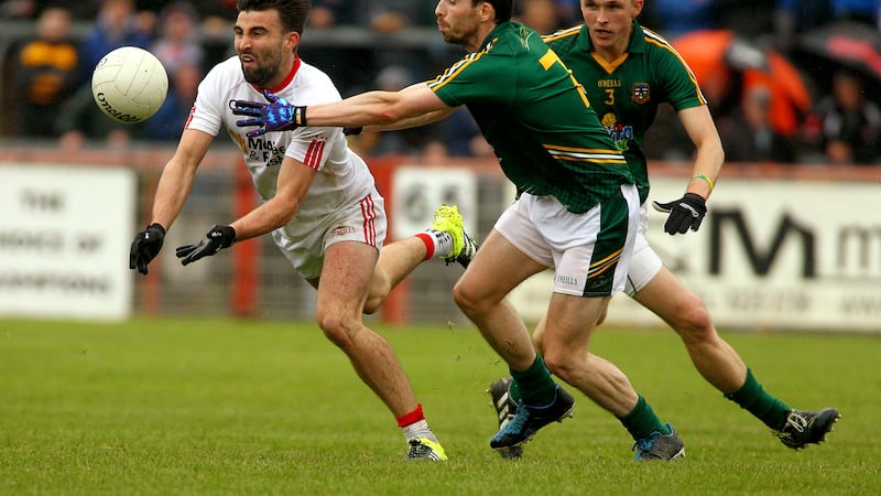 Tyrone's Tiern&aacute;n McCann comes under pressure from Meath's David Dalton and Conor McGill during Saturday night's Qualifier at Healy Park&nbsp;<br />Picture: S&eacute;amus Loughran