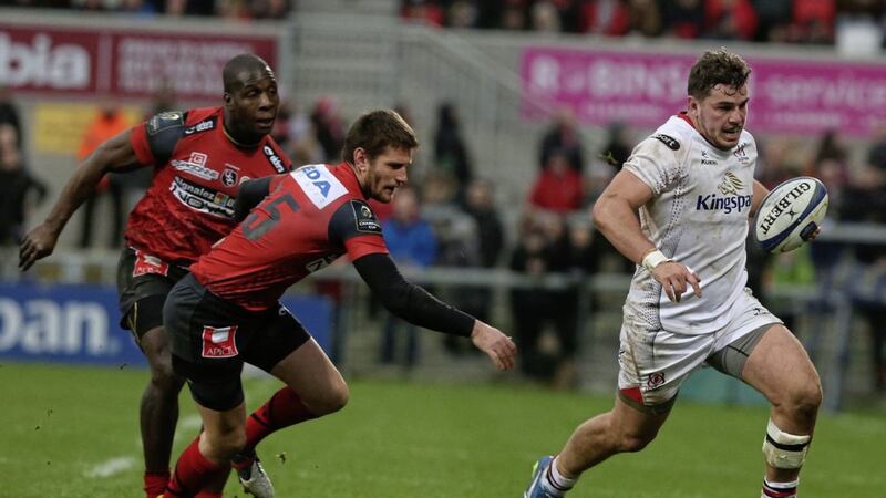 Ulster&#39;s Sean Reidy sidesteps the Oyonnax defence Picture by Hugh Russell. 