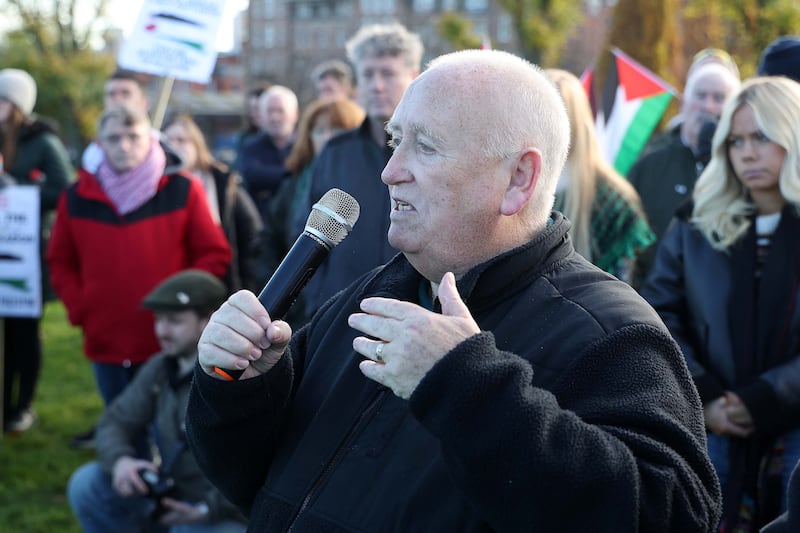 Sinn Feins Fra McCann addresses the crowd at the pro Palestinian rally in Dunville Park. PICTURE MAL MCCANN