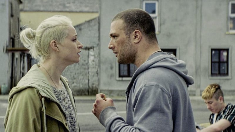Niamh Algar as Ursula, Cosmo Jarvis as Arm and Barry Keoghan as Dympna in Calm With Horses 