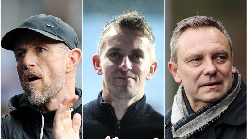 Kieran McKenna, centre, is on the brink of promotion with Ipswich but Birmingham boss Gary Rowett, left, and Huddersfield’s Andre Breitenreiter are in relegation danger