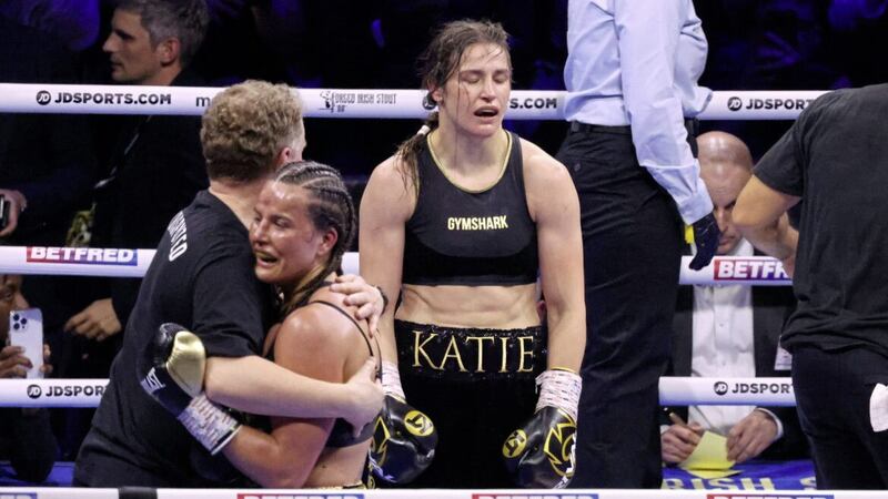 Katie Taylor shows her disappointment after losing her undisputed Super-Lightweight world title bout against Chantelle Cameron at the 3Arena in Dublin. 