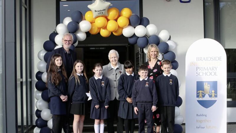 Comedian Tim McGarry and integrated education champion, Baroness May Blood attended the official opening of Braidside Integrated Primary School 