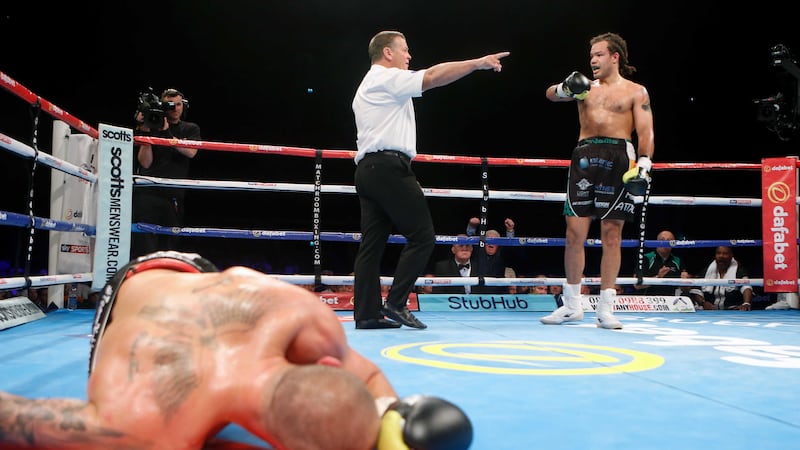 Tommy McCarthy is ordered back to his corner after knocking down Jon-Lewis Dickinson during the eliminator for the British Cruiserweight Championship at the SSE Hydro in Glasgow on Saturday night<br />Picture by PA&nbsp;