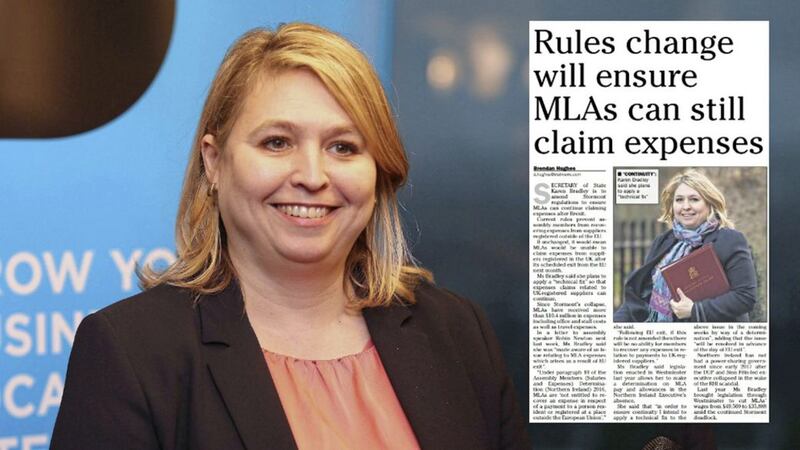 Karen Bradley, and inset, how The Irish News revealed the secretary of state&#39;s plans to ensure MLAs can still claiming expenses after Brexit 