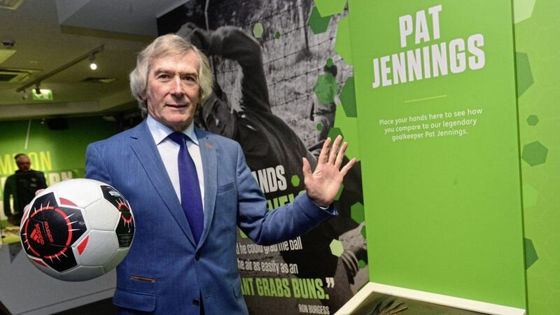 If the hand fits... Pat Jennings at the official opening of the Irish FA Education and Heritage Centre at Windsor Park. <br />Picture by: Arthur Allison, Pacemaker