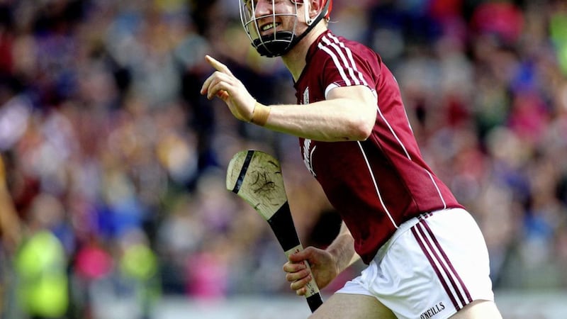 24/7/2016 Galways joe canning celebrates scoring a goal in yesterdays quarter final all ireland hurling game against Clare at Semple Stadium pic seamus loughran 