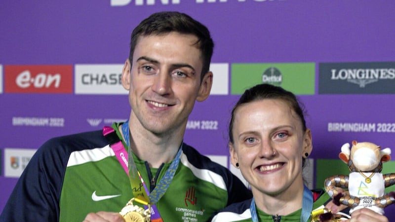 Northern Ireland&#39;s Aidan Walsh (left) and his sister Michaela Walsh celebrate after winning gold medals in their respective matches at The NEC on day ten of the 2022 Commonwealth Games in Birmingham