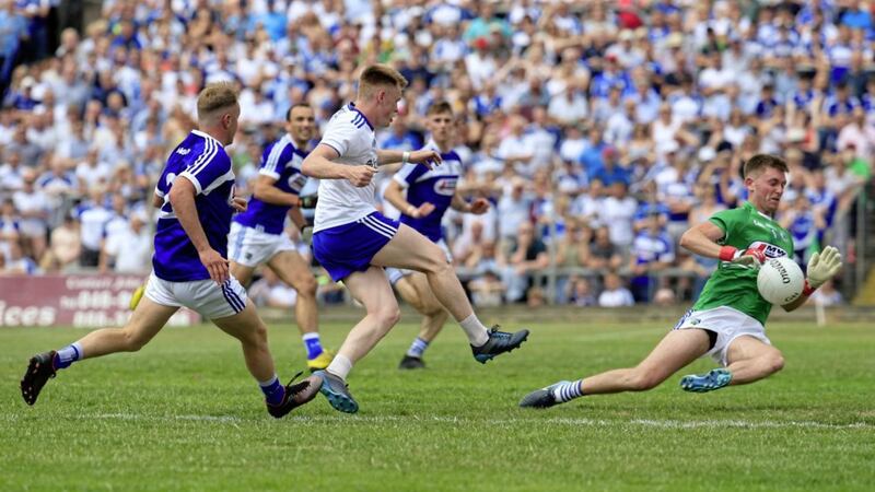 Laois goalkeeper Graham Brody produced half-a-dozen top class saves to deny Monaghan a goal, including this one from Ryan McAnespie Picture by Philip Walsh 