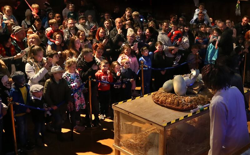 Crowds watch a baby dinasour hatch from its egg at the Guildhall during the Derry Halloween Festival. Picture Margaret McLaughlin
