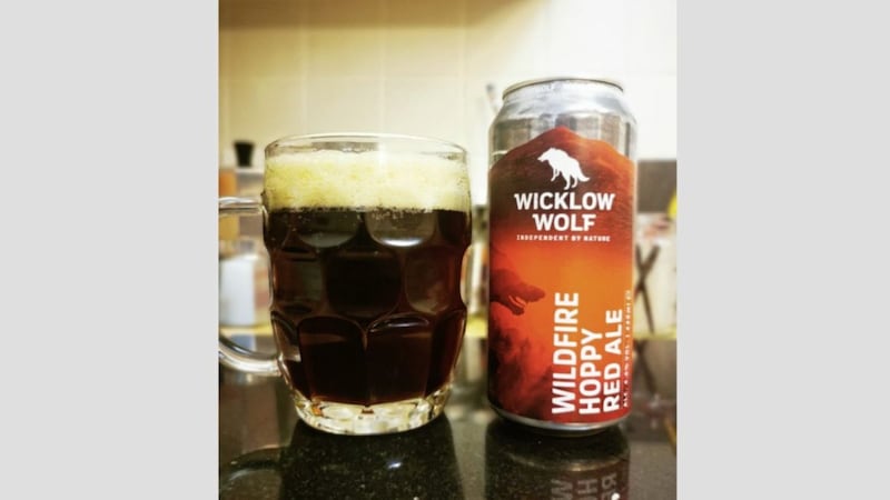 Wildfire by Wicklow Wolf, a hoppy red ale that clocks in at 4.6 per 