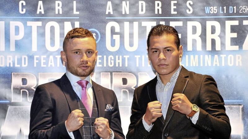 Carl Frampton and Mexico&#39;s Andres Gutierrez come face to face at yesterday&#39;s press conference in Belfast&#39;s Europa Hotel. Picture by Justin Kernoghan/Photopress 