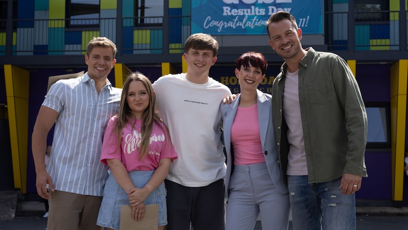 Katy Rickitt (second right) on the set of Hollyoaks (Lime Pictures/PA)