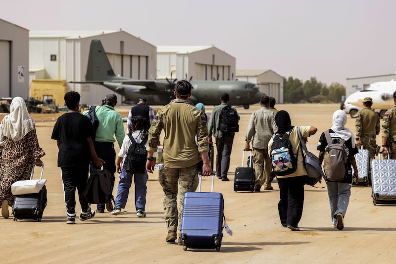 The evacuation of British nationals onto an awaiting RAF aircraft at Wadi Seidna Air Base in Khartoum, Sudan on April 28, 2023