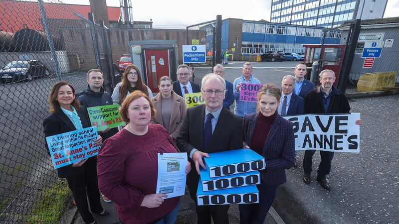 John Hennessy, Principal of St. Annes Primary School in Donaghadee and elected members from across the community last month at the Department of Education, Bangor in a show of solidarity to deliver 3,000 signatures from their constituents objecting to the approved closure of the school. Picture by Mal McCann