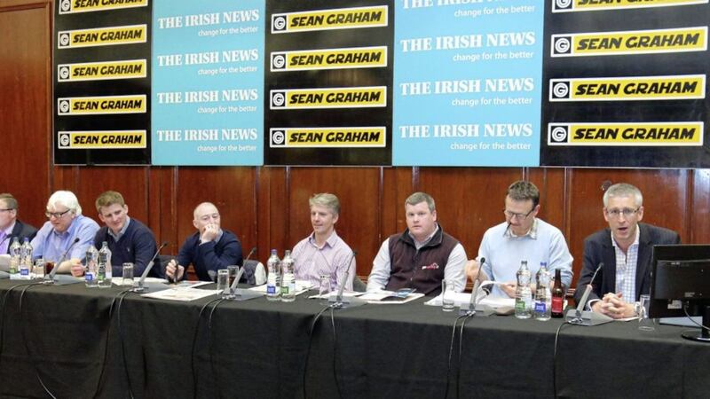The top table gets ready to do battle at Monday&rsquo;s Sean Graham/The Irish News Cheltenham Preview Night at the Europa Hotel. The panel is (l-r) Brian Graham of Sean Graham Bookmakers, Mark &lsquo;The Couch&rsquo; Winstanley, trainer Neil Mulholland, David Casey, assistant trainer with Willie Mullins, jockey Noel Fehily, leading trainer Gordon Elliott, ITV and Racing UK commentator Richard Hoiles, and host and Attheraces presenter Gary O&rsquo;Brien 