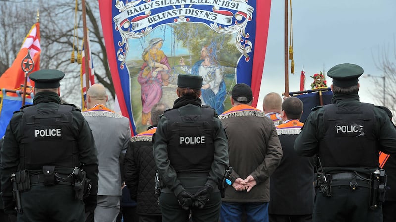 Orangemen march to a police line in north Belfast to mark 600 days of protest in March this year. Picture by Justin Kernoghan