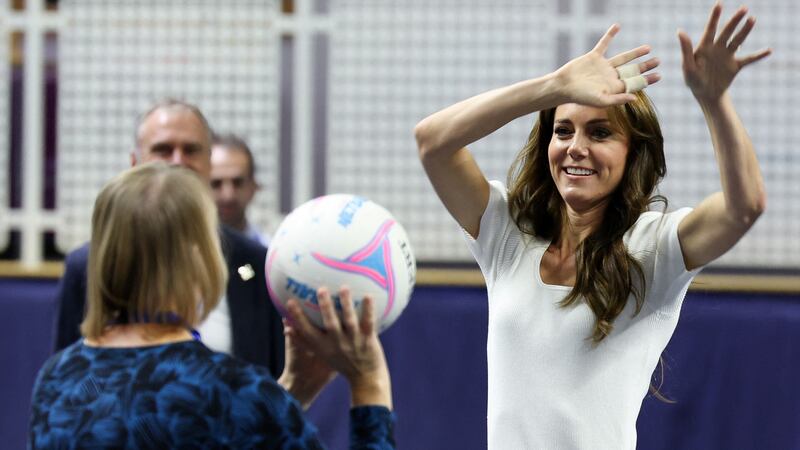 The Princess of Wales plays netball as she attends a mental fitness workshop run by SportsAid at Bisham Abbey National Sports Centre in Marlow (Suzanne Plunkett/PA)