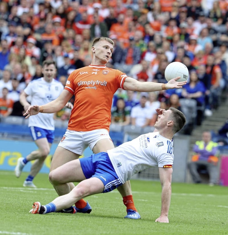 Armagh&#39;s Rian O&#39;Neill and Monaghan&#39;s Killian Lavelle in action during this season&#39;s All-Ireland quarter-final. Armagh were in a winning position and ended up losing on penalties 