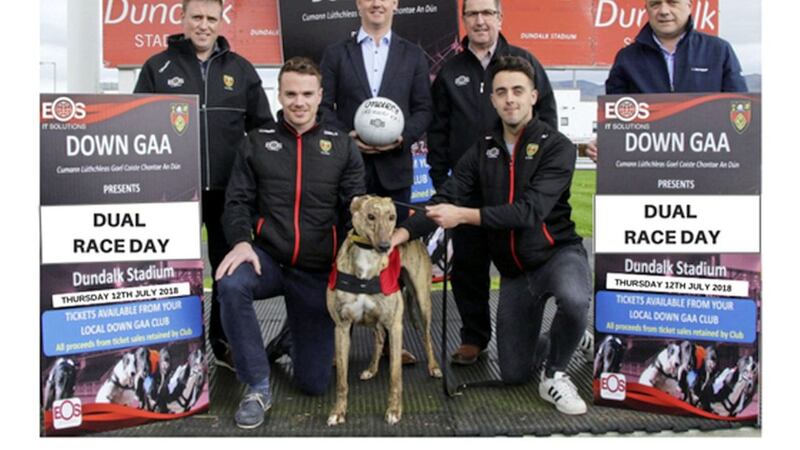 Down Gaels are expected to descend on Dundalk Stadium on July 12 for dual race day. Down county players Brendan McArdle and Ryan Johnston are pictured with Down County Chairman Sean Rooney, Down GAA Assistant Treasurer Diarmuid Cahill, Daniel Strain from EOS and Down GAA Ulster Council Delegate Michael McArdle 