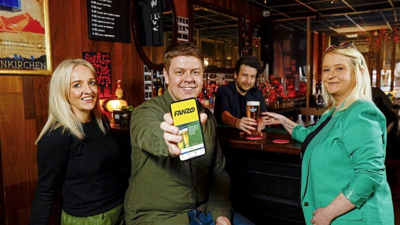 L-R: Maura Bradshaw, United Wines; Matthew Clarke, Fanzo; Johnny Douglas of the Ulster Sports Club; and Gemma Herdman, United Wines, launching the new Fanzo- Heineken campaign, which will offer a free pint at one of 50 participating venues. 