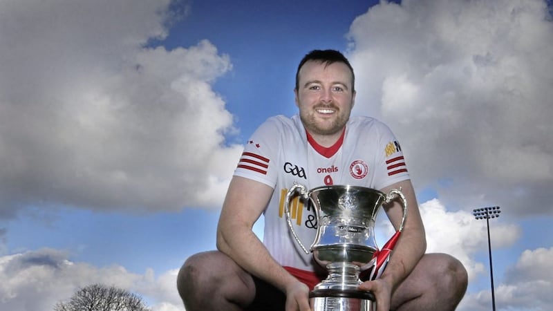 The Tyrone captain Conor Grogan with the cup after beating Armagh during the National Hurling League Division 3A Final match at Owenbeg on Saturday 2nd April 2022. Picture Margaret McLaughlin. 