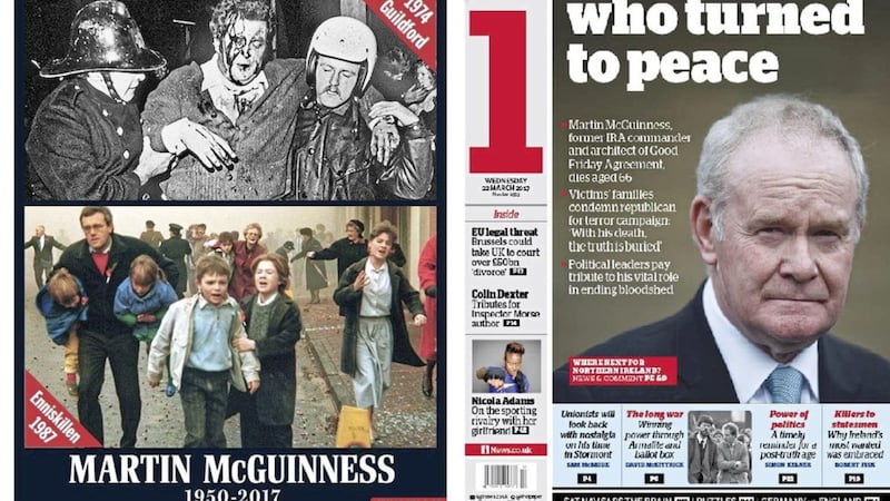 Front pages across the UK took different perspectives on the death of Martin McGuinness yesterday 