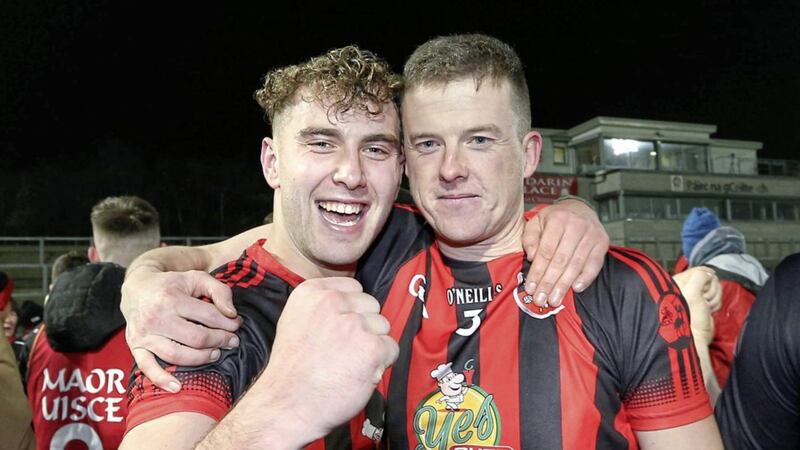 Red Hugh&#39;s Donegal Stephen McMenamin and Eugene Browne celebrate after beating Limavady Derry in the Ulster Football Junior Club Championship Final at Celtic Park. Picture by Margaret McLaughlin. 
