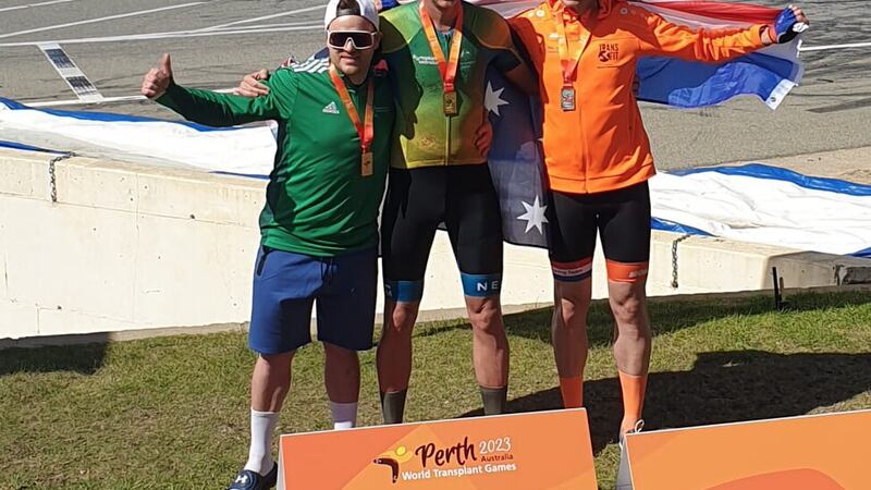 Richie Sheerin from Derry with his teammates Sean Rintoul from Liverpool and Nick Topley from Wales. The trio won a gold medal at the World Transplant Games in Perth, Australia