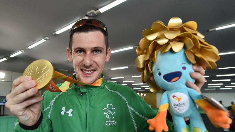 Michael McKillop celebrates with his gold medal after winning the men's 1,500m T37 final at the Olympic Stadium in Rio on Sunday. Picture by&nbsp;Sportsfile&nbsp;
