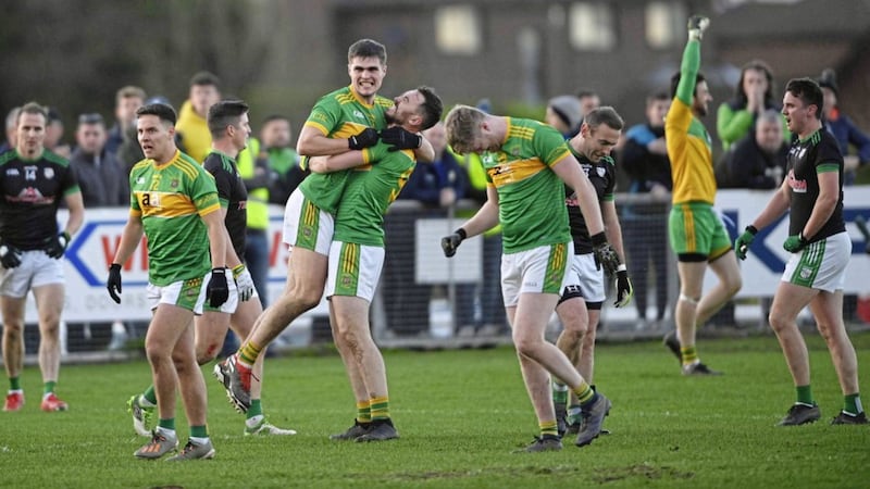Kickham&#39;s Creggan celebrate their semi-final victory over Cargin. They face St Mary&#39;s Aghagallon in tomorrow&#39;s county final Picture Mark Marlow 