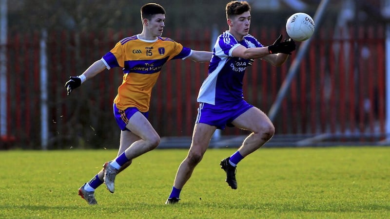 26/12/2022   Four Masters   Seanan Carr     in action with  Donaghmores   James Mc Cann   in yesterdays  Semi Final game at St Pauls   Picture  Seamus Loughran 