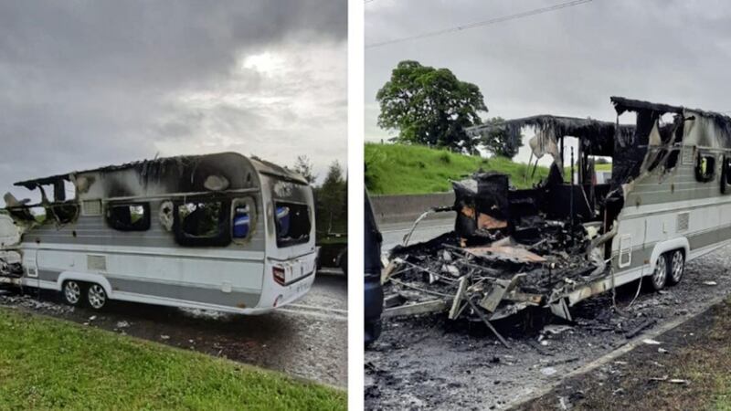 The fire service arrived at the scene on the M1 near Belfast to find a caravan ablaze. Picture: PSNI 
